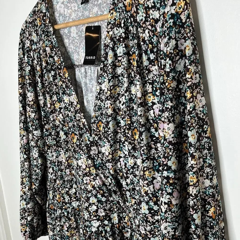 Torrid Floral Print Tiered Faux Wrap Dress Burgundy Womens 2X Wedding Guest